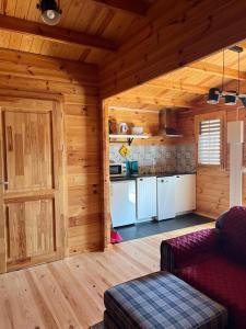 a kitchen and living room in a log cabin at Quinta do Pinheiro in Ourém