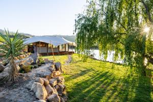 a tent in a field next to a body of water at Amperbo Glamping in Cape Town
