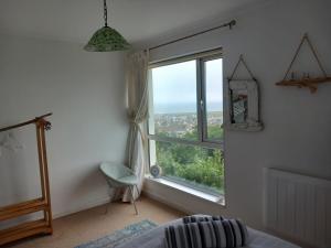 a bedroom with a large window and a chair in front at Lundy Views in Northam
