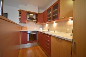 a kitchen with wooden cabinets and a sink and a stove at Apartmán 3K Michael in Špindlerův Mlýn