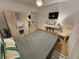 a room with a bed and a tv and a couch at Urban Luxury Escape in Piatra Neamţ