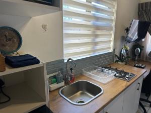 a kitchen with a sink and a counter with a window at Private Cottage on Alamein in Cape Town +14 photos