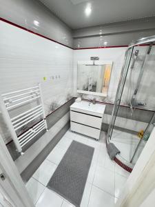 a bathroom with a shower and a sink at For Family Full Apartment near AirPort in Chişinău +37 photos
