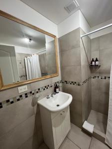 een badkamer met een wastafel en een spiegel bij Departamento Venthos in Puerto Madryn