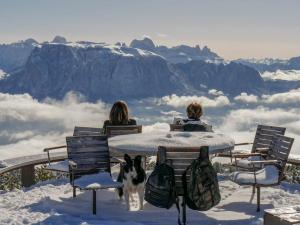 two people sitting at a table in the snow with a dog at Berghotel zum Zirm in Collalbo
