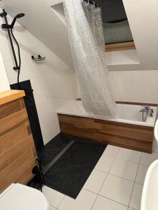 a bathroom with a toilet and a bath tub at Willa Pod Skocznią in Szczyrk +33 photos