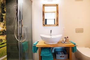 une salle de bain avec un lavabo et une douche dans l'établissement Apartment Strohballenhaus, à Amden