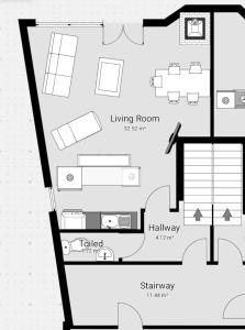 uma planta de piso de uma sala de estar e corredor em Half chalet 2 min from ski bus em Laax mais 15 fotografias
