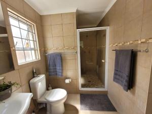 y baño con aseo y ducha con toallas azules. en Mid Century Modern Gem near town, en Stellenbosch 17 fotos más
