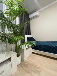 a bedroom with a bed and two potted plants at Филиал Aport Hostel Alma-Ata на Муратбаева 195 in Almaty