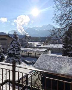 a snow covered balcony with a view of a plant at Pension Sommerauer in Hallein
