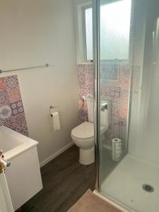 タウランガにあるMatua Houseのトイレとガラスのシャワー付きのバスルーム +10枚の写真