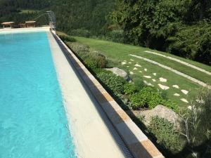 a swimming pool next to a grassy field and a hill at Agriturismo Corte Dei Mori in Brisighella