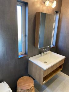a bathroom with a sink and a mirror and a toilet at Niseko Forest Avenue 63 in Niseko +13 photos