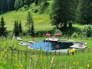 a pool with chairs and umbrellas in a field at Gsenghof in Filzmoos