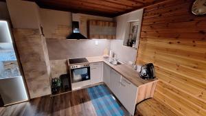 a small kitchen with a stove and a sink at Haus Alexander in Fresach