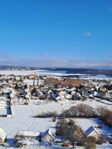 an aerial view of a town with snow covered roofs at Panoráma Kisház in Tarján