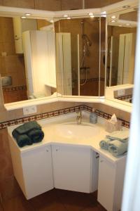 a bathroom with a sink and a large mirror at L'Ecrin Montois in Mons