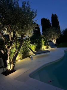 a swimming pool with a tree and a chair next to it at L'olivier in Gattières