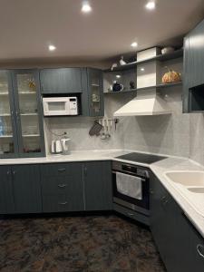 a kitchen with gray cabinets and a sink and a microwave at Villa Alexa in Borovets