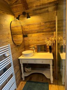 un bagno con lavandino e specchio di chalet Emmanuel a Lées-Athas Altre 28 foto