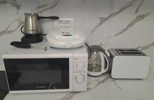 a kitchen counter with a blender and a microwave at Angela Apartments in Bitola +2 photos