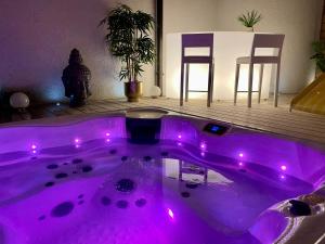 AmriswilPrivate SPA Seeliebe - Ihre Ruheoase的客房内的紫色浴缸配有灯