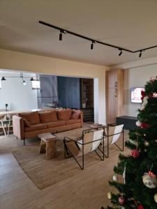 Una sala de estar con un sofá y un árbol de Navidad. en Cabana Marama, en Bratca