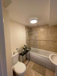 ein Badezimmer mit Toilette, Badewanne und Waschbecken in der Unterkunft Barroon Castle Apartments - Next to East Midlands Airport with Free Parking in Castle Donington