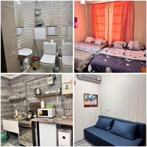 un collage de tres fotos de una habitación con un dormitorio en Снять отель Кишинёв, en Chişinău