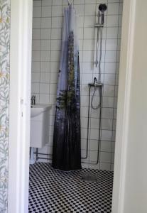 a shower curtain in a bathroom with a sink at Gula huset i skogen- Skogsbruk & logi på Linderödsåsen in Kilhult