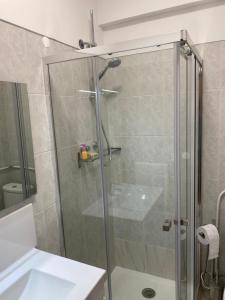 a shower with a glass door in a bathroom at Residencial Pôr do Sol in Couço