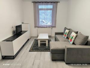 a living room with a couch and a tv at Mountain view in Baia Mare