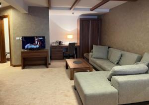 een woonkamer met een bank en een tv bij Apartments B137 & B027 - Aparthotel Vučko in Jahorina +26 foto's