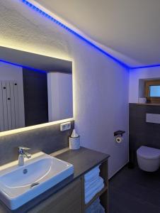 a bathroom with a sink and a mirror and a toilet at Ferienwohnung Goasnstoi - mit HotTub und Bergblick im Inntal in Flintsbach am Inn +24 photos