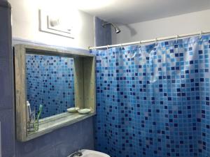 a blue tiled bathroom with a toilet and a mirror at Casa Santa Clara del Mar in Santa Clara del Mar +25 photos
