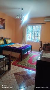 a bedroom with a bed and a large window at Maison Touria in Ouzoud