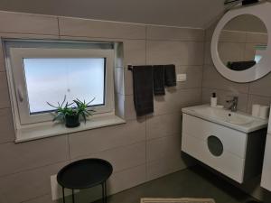 ein Badezimmer mit einem Waschbecken und ein Fenster mit einer Pflanze in der Unterkunft Maya-K apartment near city center in Ljubljana + 10 Fotos