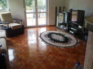 a living room with a tiled floor with a television and a rug at Holiday Home Mikki in Dobra Voda