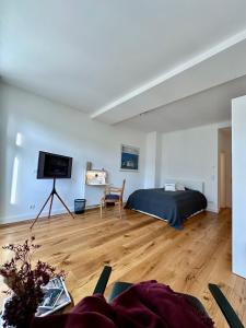 ein Schlafzimmer mit einem Bett und einem Fernseher darin in der Unterkunft Freytag im Uni-Viertel in Duisburg + 10 Fotos