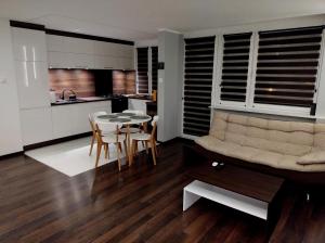 a living room with a couch and a table and chairs at Lagan Apartament - doskonała baza w Aglomeracji Śląskiej in Będzin