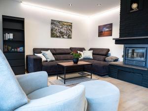 a living room with a couch and a fireplace at Haus Wanderlust in Saint-Vith