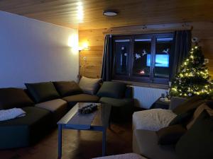 a living room with a christmas tree and a couch at B&B Chalet Rey-Bellet in Les Crosets