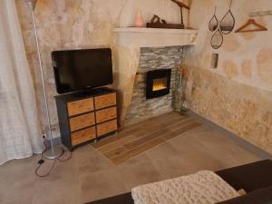 a living room with a tv and a fireplace at Ambiance chalet in Prignac-et-Marcamps