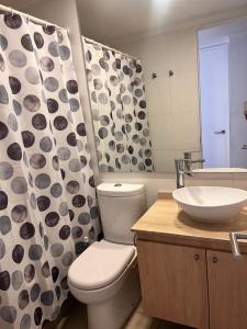 サンティアゴにあるDepartamento Nuevo en Ñuñoa full equipadoのバスルーム(トイレ、洗面台、シャワーカーテン付)