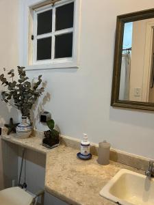 a bathroom counter with a sink and a mirror at Casinhas do Peró Refúgio com Jardim e WiFi Rápido in Cabo Frio +27 photos