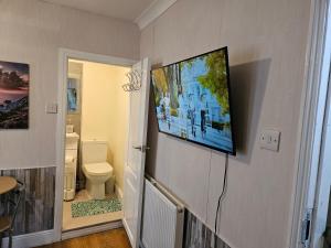 a bathroom with a toilet and a television on the wall at Light Studio in Tilehurst +12 photos