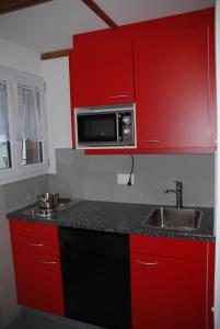 cocina roja con fregadero y microondas en Family-Apartment Du Lac, en Iseltwald