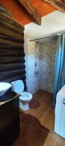 un baño con inodoro y ducha en Casa troncos, en La Paloma