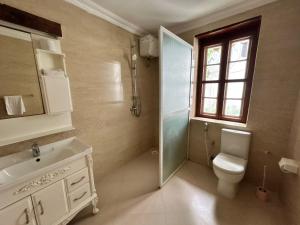 a bathroom with a toilet and a sink and a shower at Habari House in Zanzibar City